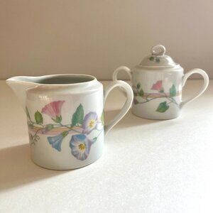 Vintage 1980s White Ceramic Creamer and Sugar Bowl - Pastel Floral Design